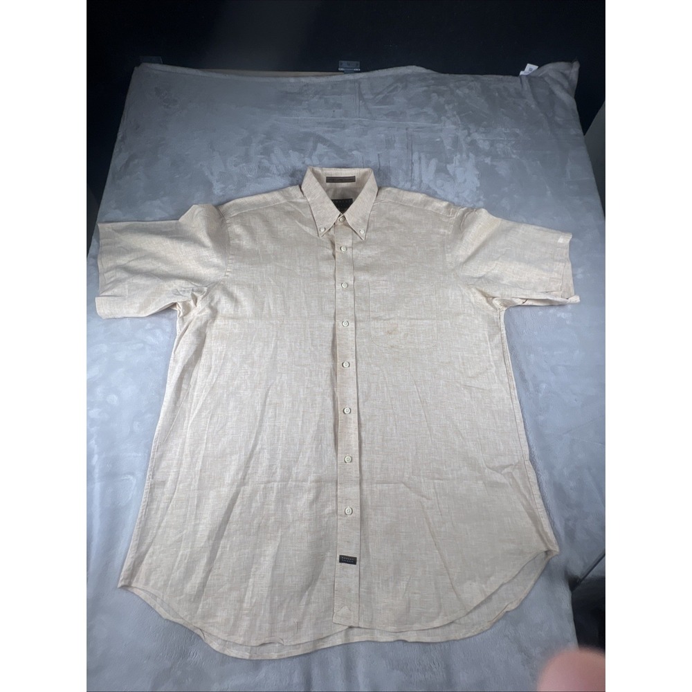 XL Linen Robert Talbott Button Down Short Sleeve Shirt Split Tan Beige Brown